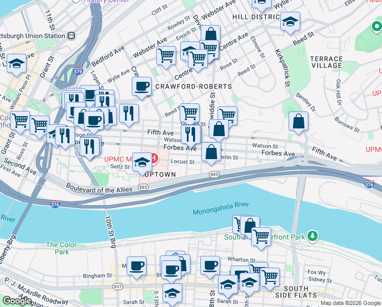 map of restaurants, bars, coffee shops, grocery stores, and more near 308 Van Braam Street in Pittsburgh