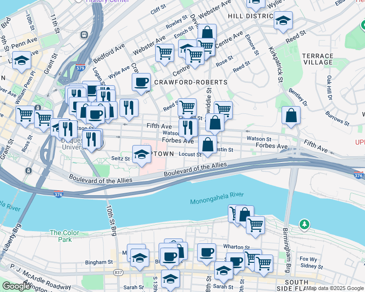 map of restaurants, bars, coffee shops, grocery stores, and more near 308 Van Braam Street in Pittsburgh