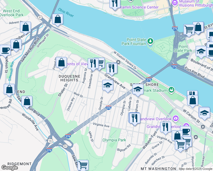 map of restaurants, bars, coffee shops, grocery stores, and more near 126 Cohassett Street in Pittsburgh