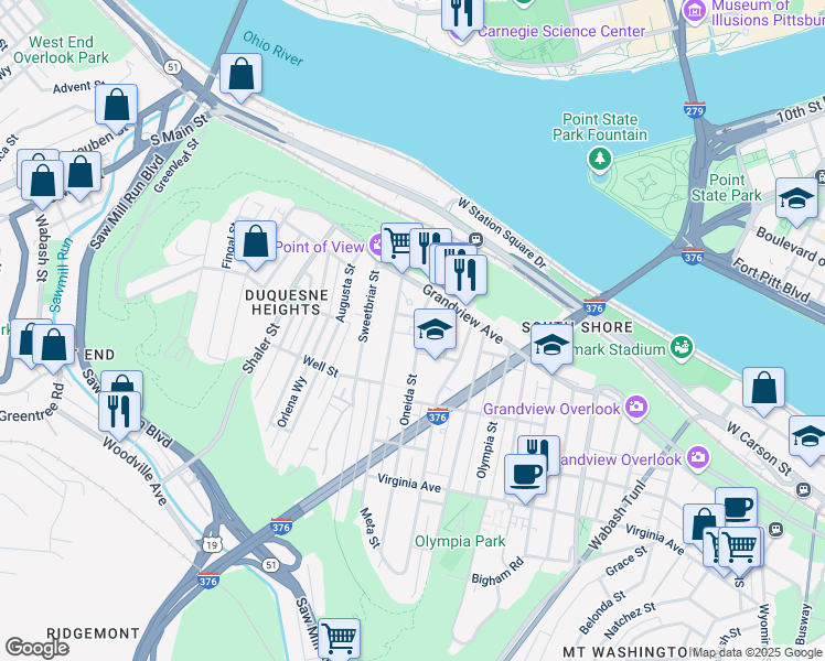 map of restaurants, bars, coffee shops, grocery stores, and more near 4 Basil Way in Pittsburgh
