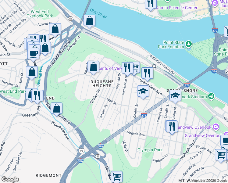 map of restaurants, bars, coffee shops, grocery stores, and more near 320 Augusta Street in Pittsburgh