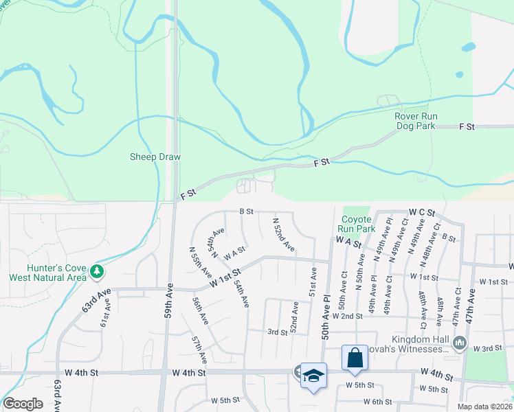 map of restaurants, bars, coffee shops, grocery stores, and more near 5309 B Street in Greeley