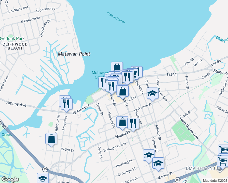 map of restaurants, bars, coffee shops, grocery stores, and more near 42 West Front Street in Keyport