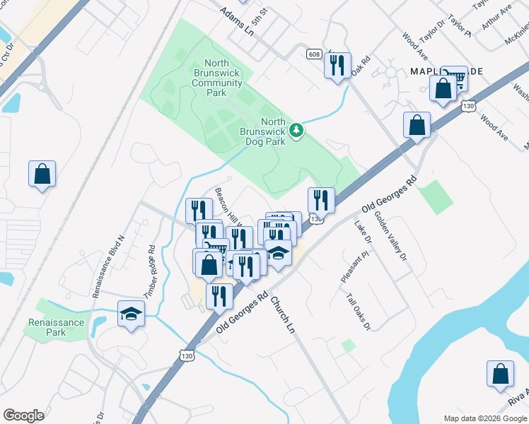 map of restaurants, bars, coffee shops, grocery stores, and more near 702 Stony Brook Way in North Brunswick Township