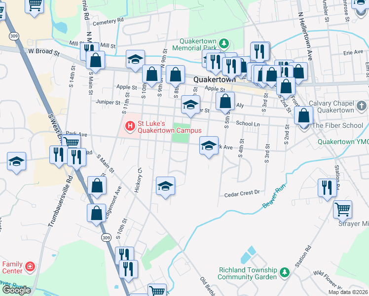 map of restaurants, bars, coffee shops, grocery stores, and more near 624 Park Avenue in Quakertown
