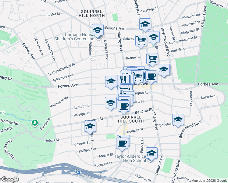 map of restaurants, bars, coffee shops, grocery stores, and more near in Pittsburgh
