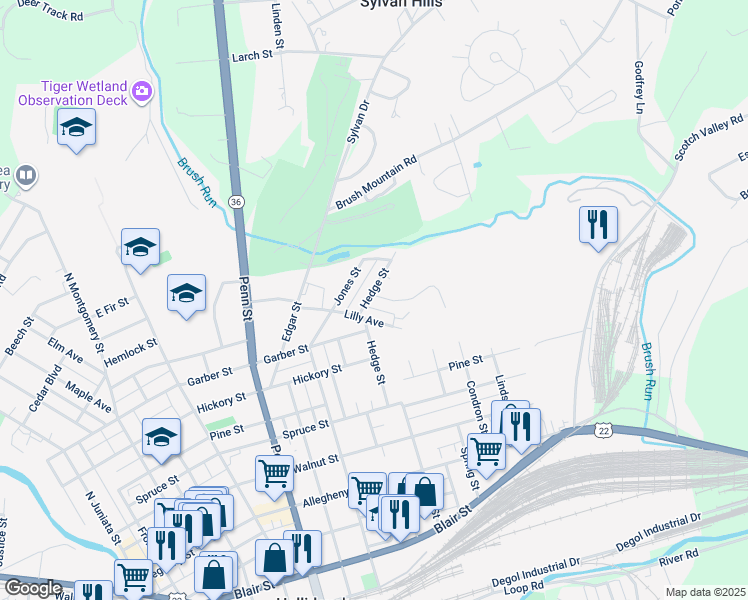 map of restaurants, bars, coffee shops, grocery stores, and more near 1018 Hedge Street in Hollidaysburg