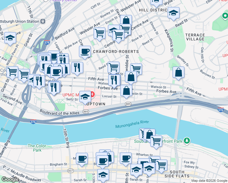 map of restaurants, bars, coffee shops, grocery stores, and more near 308 Van Braam Street in Pittsburgh
