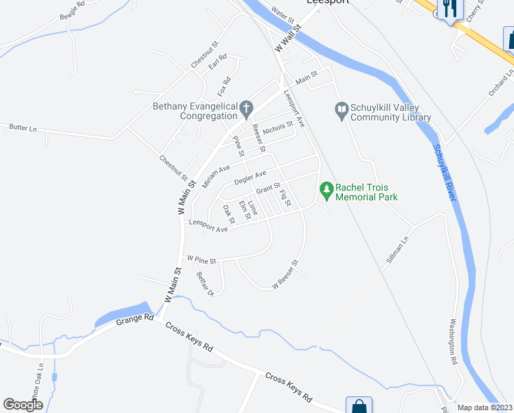 map of restaurants, bars, coffee shops, grocery stores, and more near 515 Pine Street in Leesport