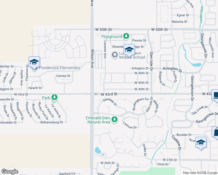 map of restaurants, bars, coffee shops, grocery stores, and more near 2601 West 44th Street in Loveland
