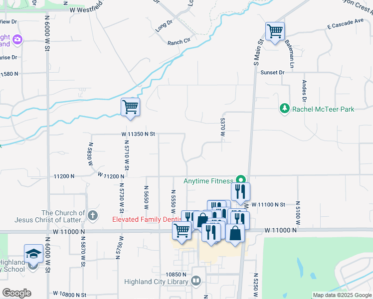 map of restaurants, bars, coffee shops, grocery stores, and more near 11296 North 5500 West Street in Highland