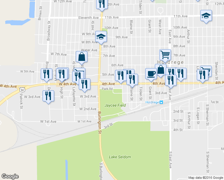 map of restaurants, bars, coffee shops, grocery stores, and more near 344 Morton Street in Holdrege