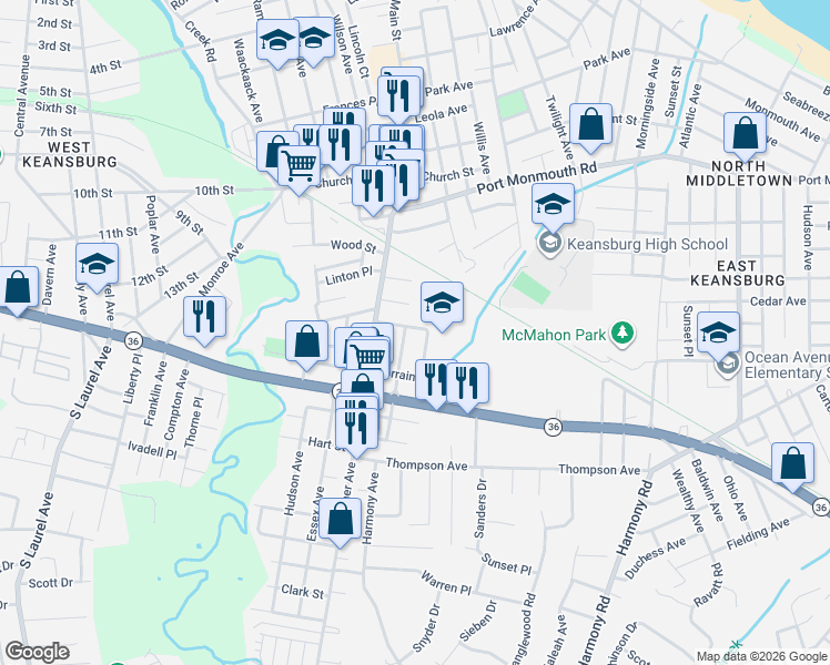 map of restaurants, bars, coffee shops, grocery stores, and more near 13 Euclid Avenue in Keansburg