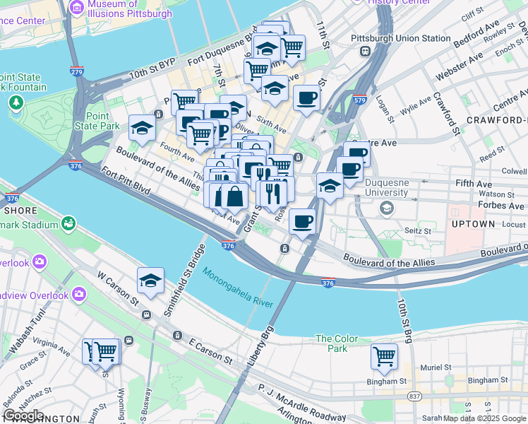 map of restaurants, bars, coffee shops, grocery stores, and more near 301 Grant Street in Pittsburgh