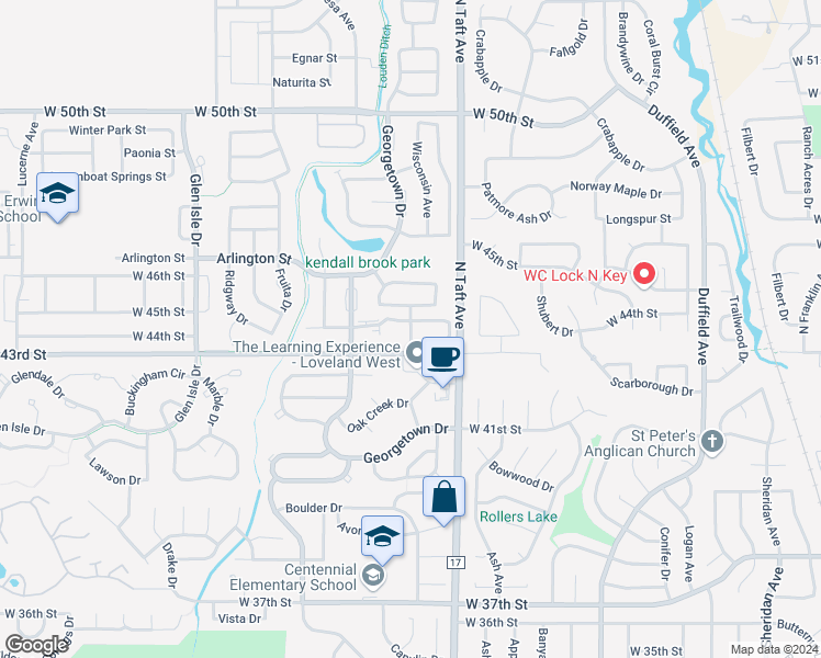 map of restaurants, bars, coffee shops, grocery stores, and more near 4350 Arriba Avenue in Loveland