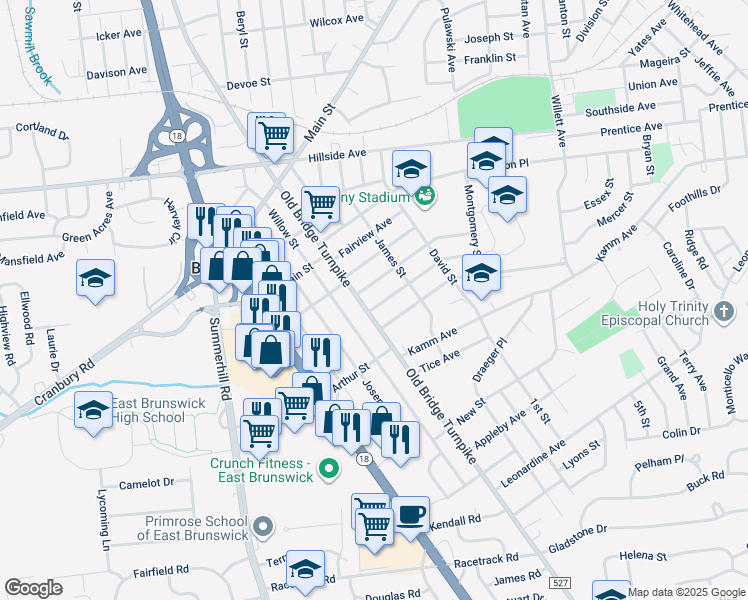 map of restaurants, bars, coffee shops, grocery stores, and more near 2 Claremont Avenue in South River