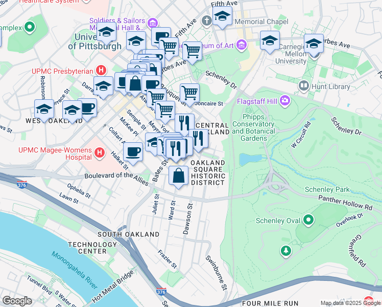 map of restaurants, bars, coffee shops, grocery stores, and more near 430 Atwood Street in Pittsburgh