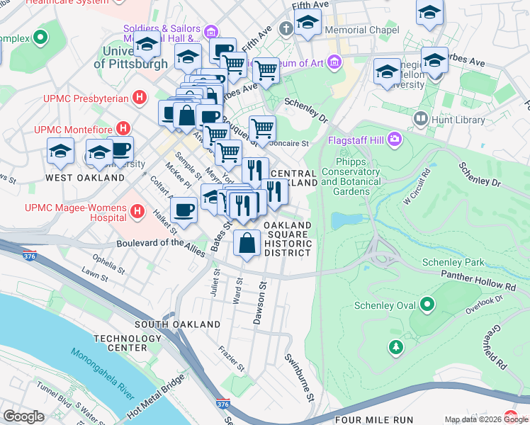 map of restaurants, bars, coffee shops, grocery stores, and more near 434 Atwood Street in Pittsburgh