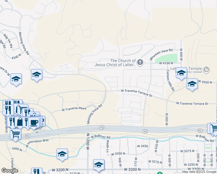 map of restaurants, bars, coffee shops, grocery stores, and more near 1017 West Vista Ridge Drive in Lehi
