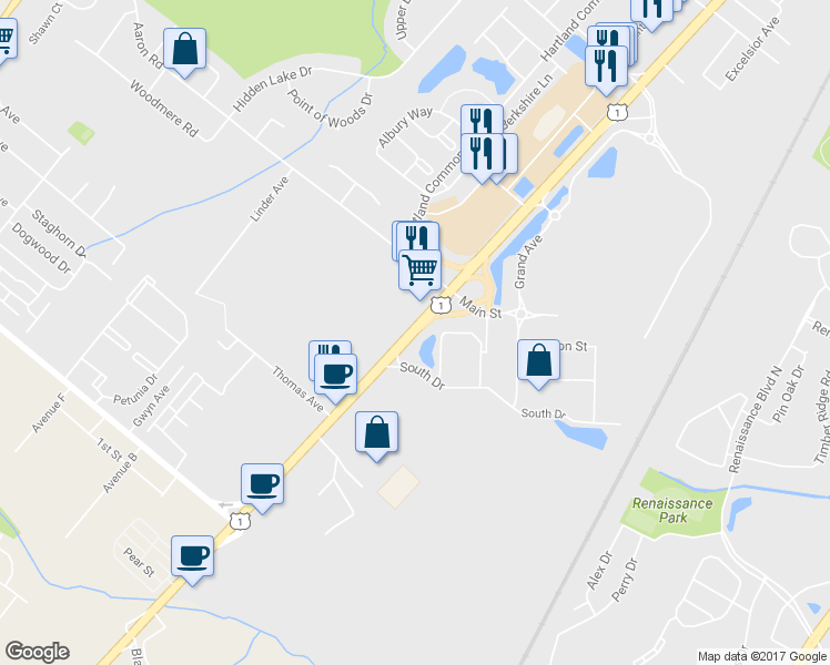 map of restaurants, bars, coffee shops, grocery stores, and more near 2070 U.S. 1 in North Brunswick