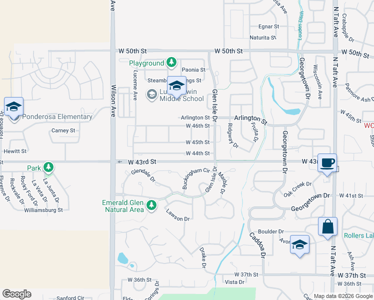 map of restaurants, bars, coffee shops, grocery stores, and more near 2339 West 44th Street in Loveland