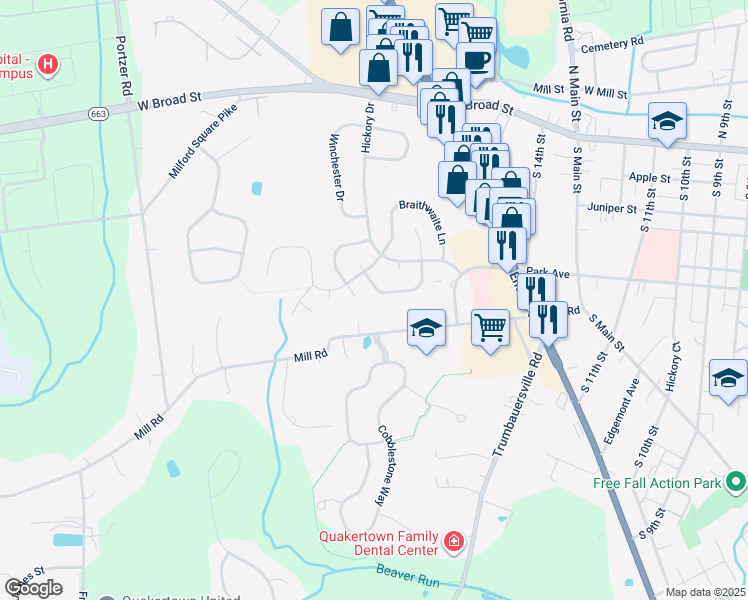 map of restaurants, bars, coffee shops, grocery stores, and more near 67 Dewsbury Lane in Quakertown