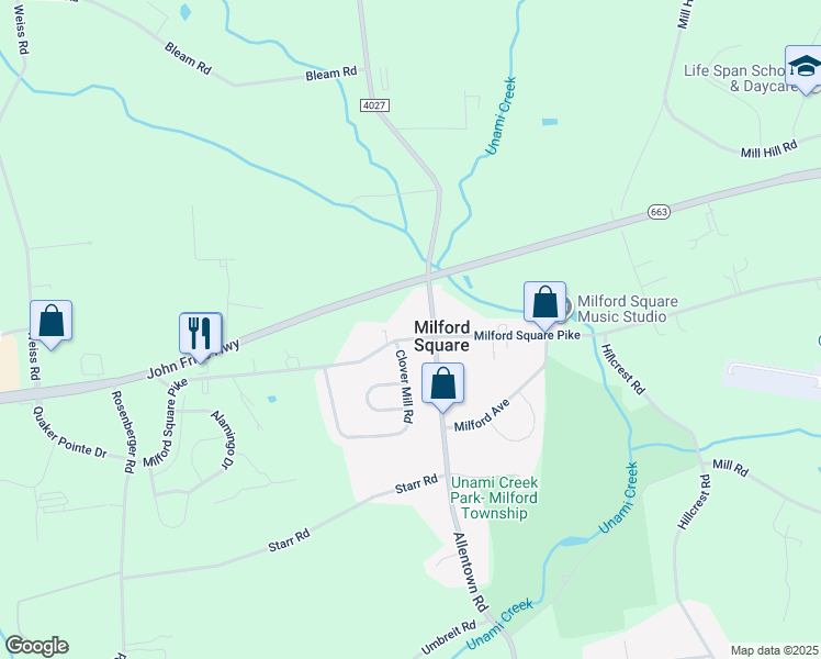 map of restaurants, bars, coffee shops, grocery stores, and more near 2150 Milford Square Pike in Quakertown