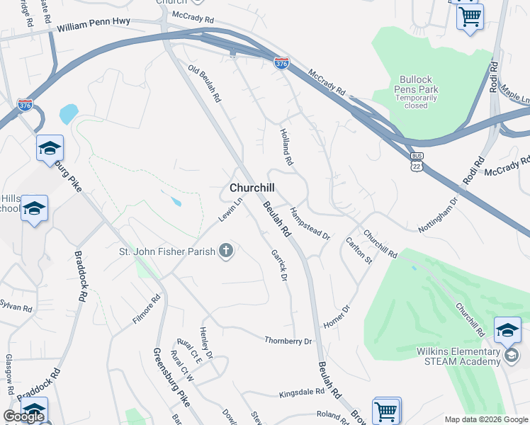 map of restaurants, bars, coffee shops, grocery stores, and more near 2002 Beulah Road in Pittsburgh