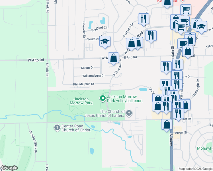 map of restaurants, bars, coffee shops, grocery stores, and more near 526 Cambridge Drive in Kokomo
