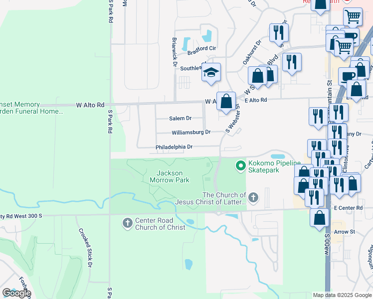 map of restaurants, bars, coffee shops, grocery stores, and more near 711 Boston Drive in Kokomo