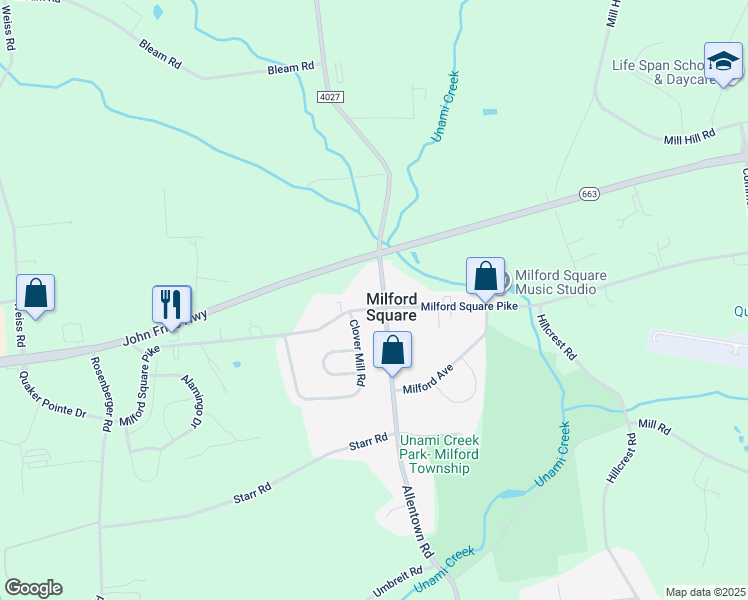 map of restaurants, bars, coffee shops, grocery stores, and more near 2114 Allentown Road in Quakertown