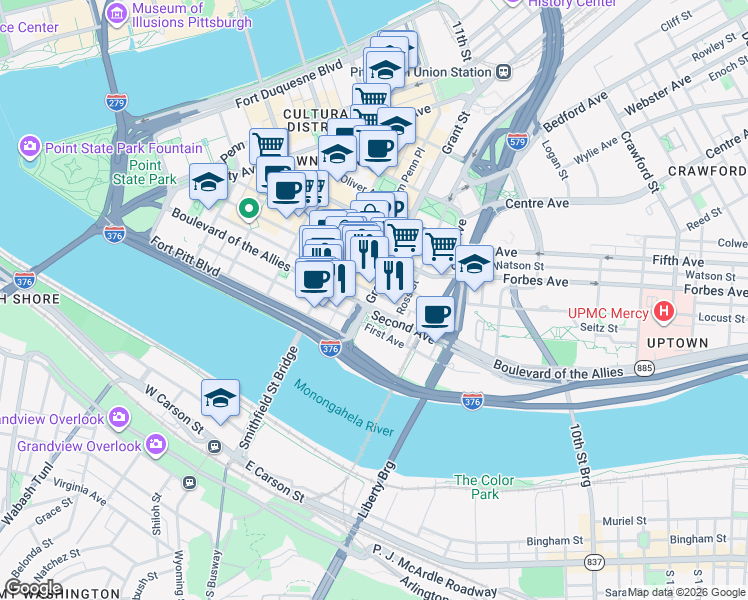 map of restaurants, bars, coffee shops, grocery stores, and more near 301 Grant Street in Pittsburgh