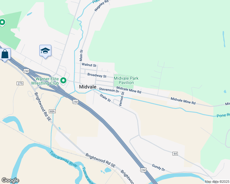 map of restaurants, bars, coffee shops, grocery stores, and more near 2359 Royal St in Dennison