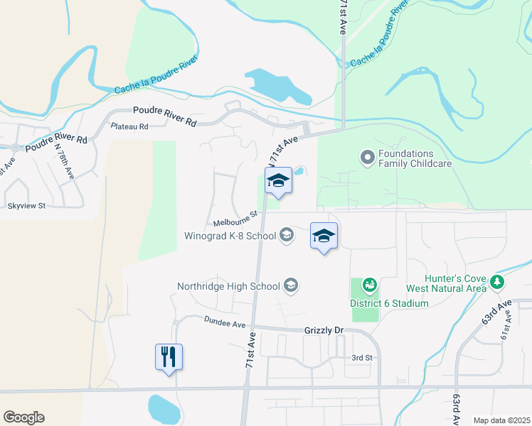 map of restaurants, bars, coffee shops, grocery stores, and more near 320 North 71st Avenue in Greeley