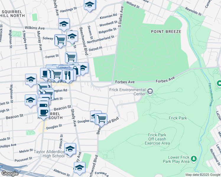 map of restaurants, bars, coffee shops, grocery stores, and more near 6723 Beacon Street in Pittsburgh