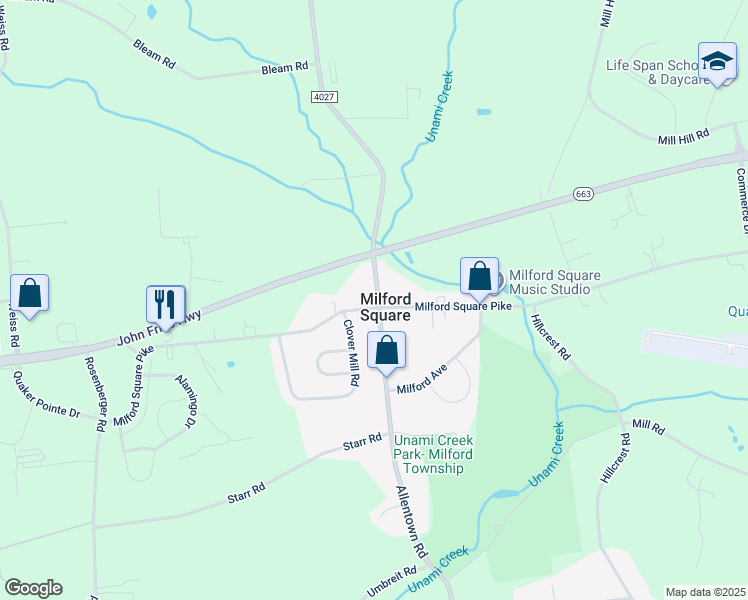 map of restaurants, bars, coffee shops, grocery stores, and more near 2114 Allentown Road in Quakertown