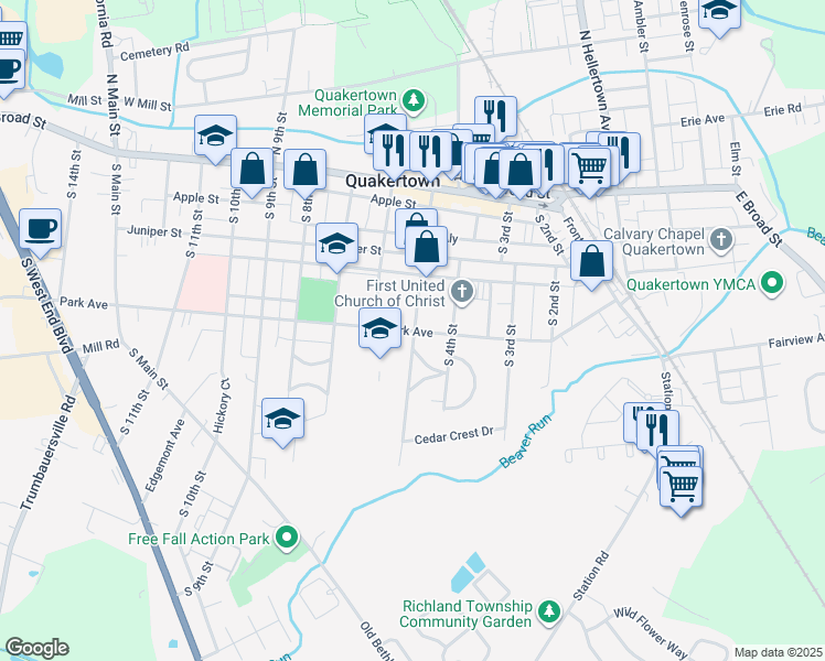 map of restaurants, bars, coffee shops, grocery stores, and more near 600 Park Avenue in Quakertown