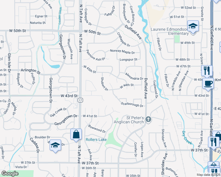 map of restaurants, bars, coffee shops, grocery stores, and more near 1050 West 44th Street in Loveland