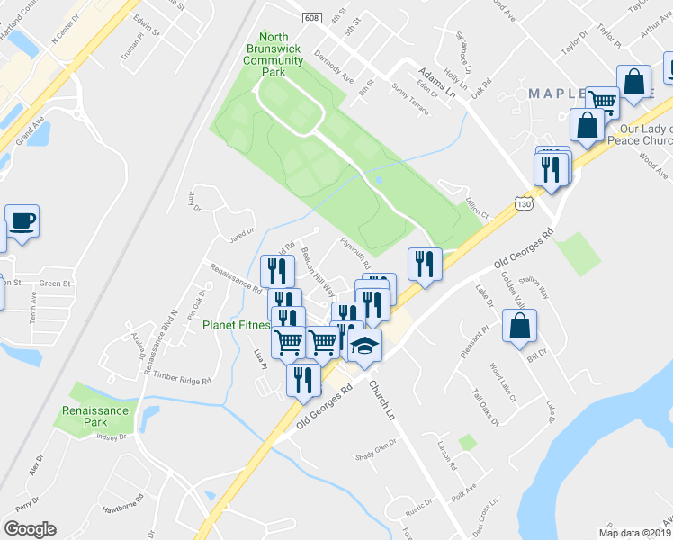 map of restaurants, bars, coffee shops, grocery stores, and more near 702 Stony Brook Way in North Brunswick Township