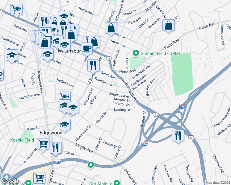 map of restaurants, bars, coffee shops, grocery stores, and more near 1140 Rebecca Avenue in Pittsburgh