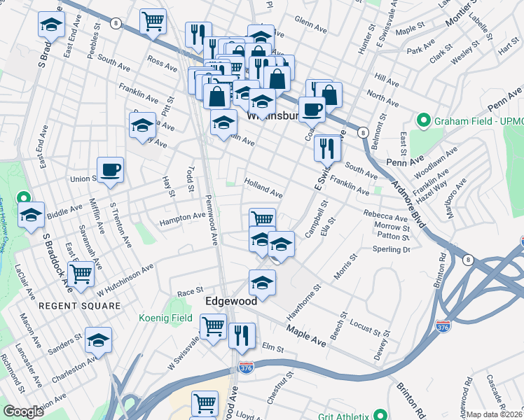 map of restaurants, bars, coffee shops, grocery stores, and more near 521 Coal Street in Pittsburgh