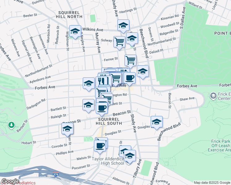 map of restaurants, bars, coffee shops, grocery stores, and more near 5830 Darlington Road in Pittsburgh