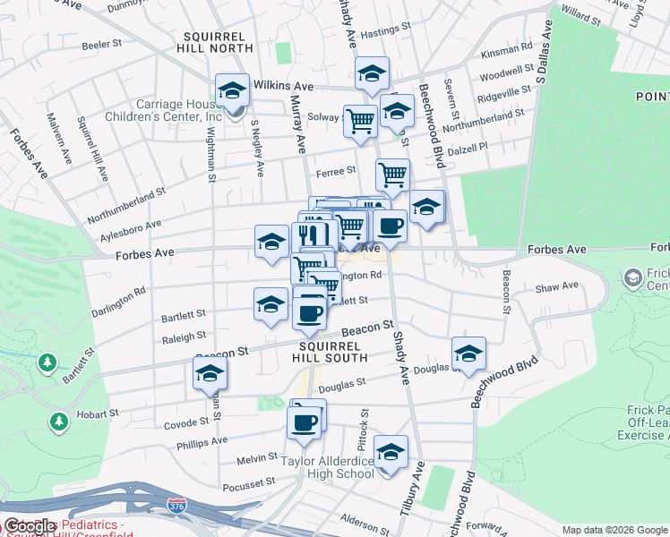 map of restaurants, bars, coffee shops, grocery stores, and more near 5830 Darlington Road in Pittsburgh