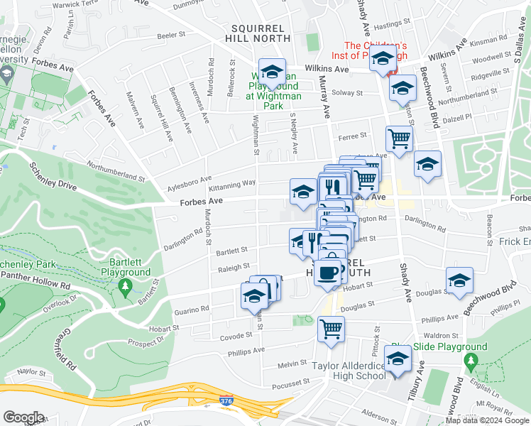 map of restaurants, bars, coffee shops, grocery stores, and more near 5601 Darlington Road in Pittsburgh