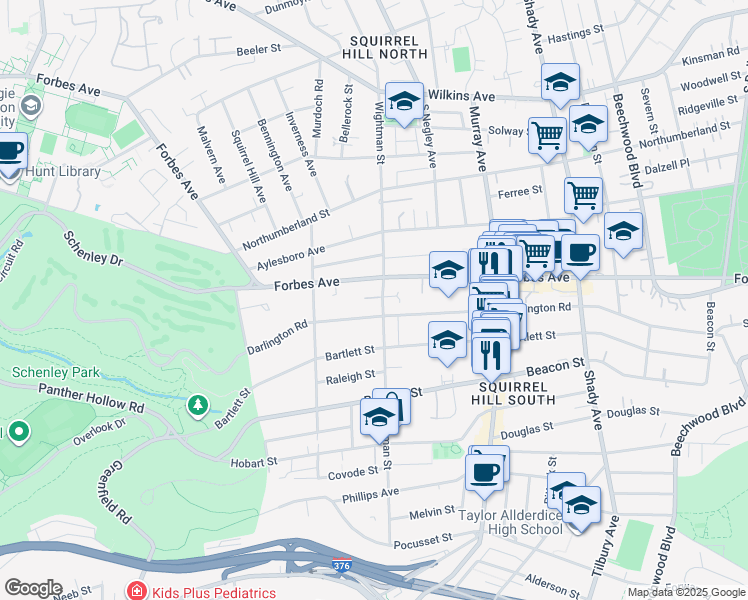 map of restaurants, bars, coffee shops, grocery stores, and more near 5601 Darlington Road in Pittsburgh