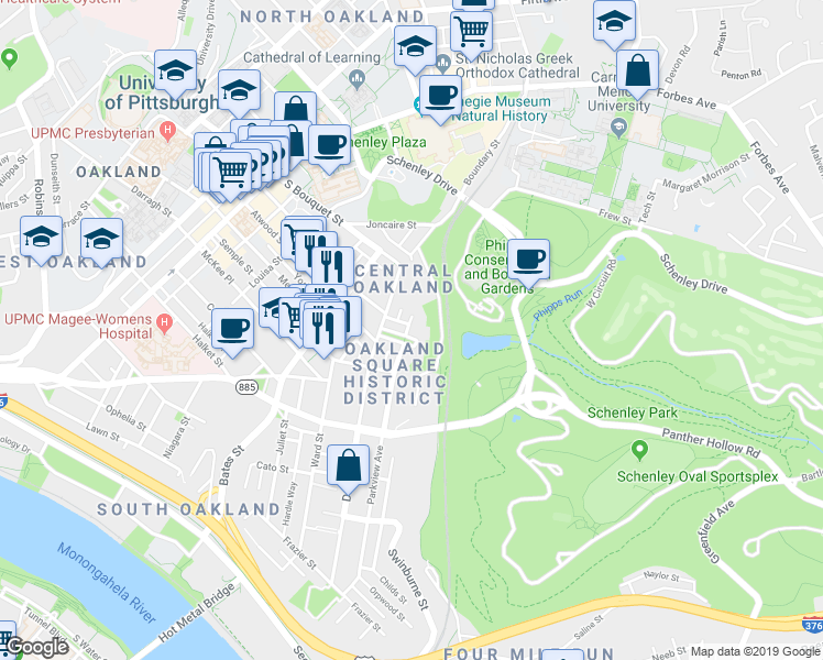 map of restaurants, bars, coffee shops, grocery stores, and more near 15 Oakland Square in Pittsburgh