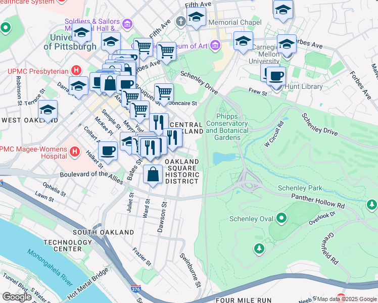 map of restaurants, bars, coffee shops, grocery stores, and more near 15 Oakland Square in Pittsburgh