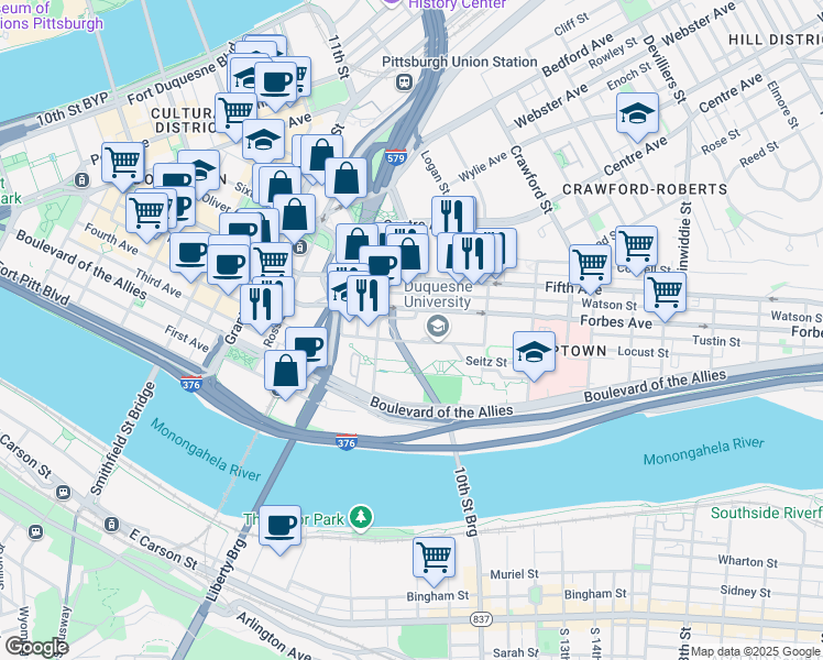 map of restaurants, bars, coffee shops, grocery stores, and more near 900 Locust Street in Pittsburgh