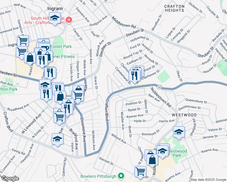 map of restaurants, bars, coffee shops, grocery stores, and more near 1498 Crafton Boulevard in Pittsburgh