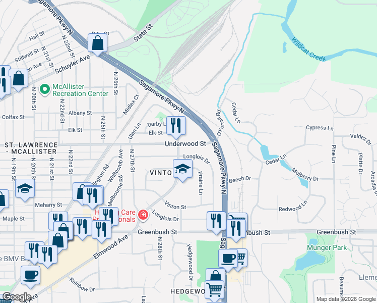 map of restaurants, bars, coffee shops, grocery stores, and more near 3101-3103 Longlois Drive in Lafayette